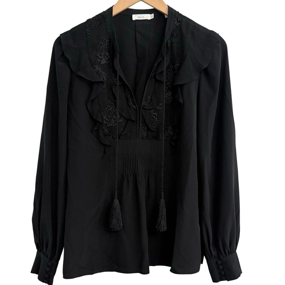 A.L.C. Black Ruffled Long Sleeve Silk Blouse Sz  2 Whimsical Career Quiet Luxury